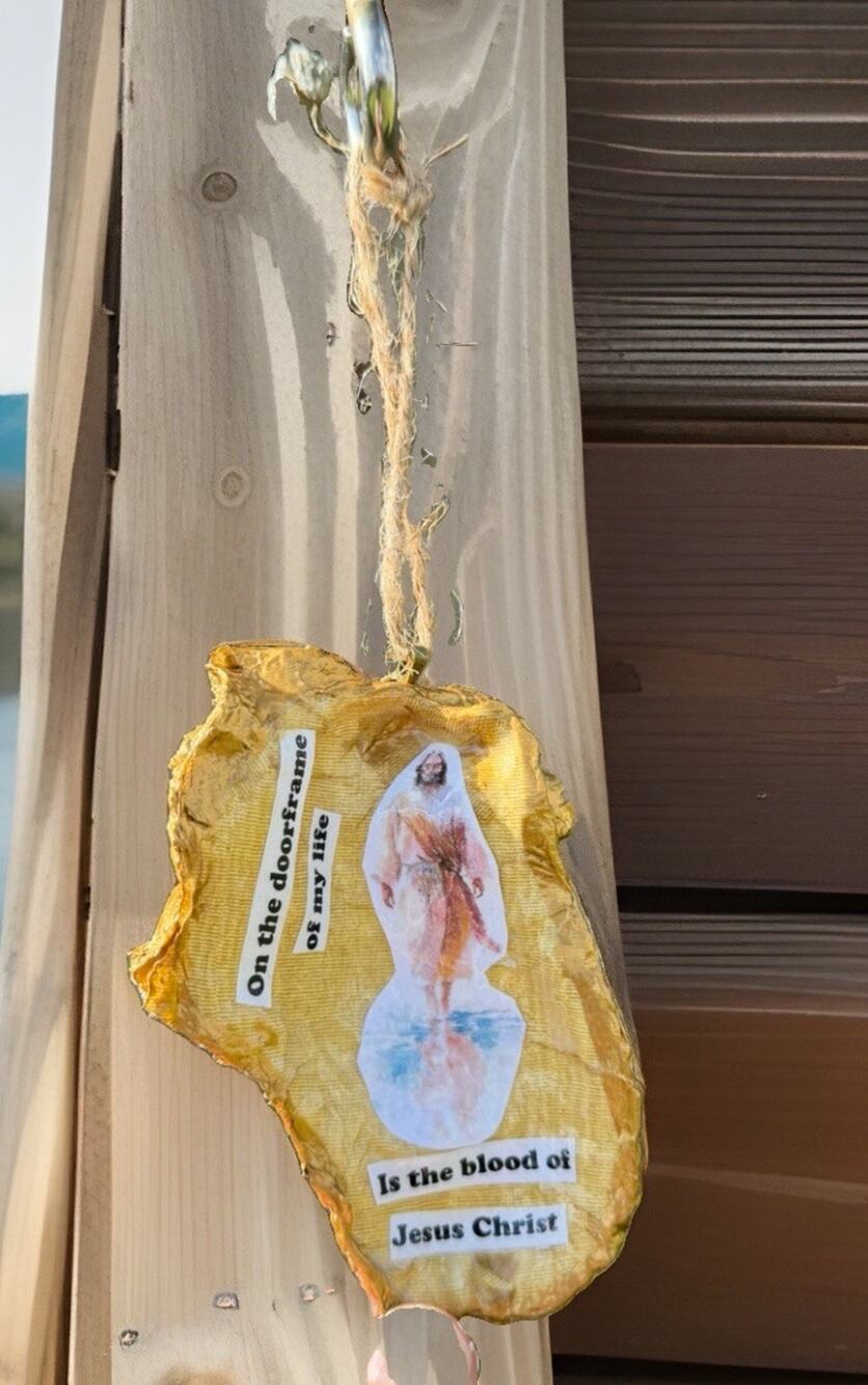 Oyster Shell Ornament Decoupaged Jesus On The Doorframe Of My Life Is The Blood